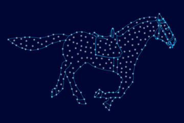Contour of a running horse from blue lines on a dark background with luminous lights. Vector illustration