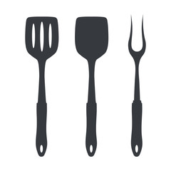 Spatula and fork icon. BBQ and grill tools. Barbecue utensil. Vector illustration.