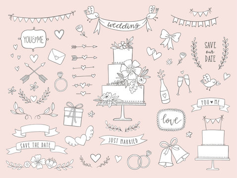 Hand drawn wedding vector collection. Doodle wedding icons, illustrations and design elements for invitations, greeting cards, posters. Arrows, hearts, laurel, wreaths, ribbons, flowers, banners, cake