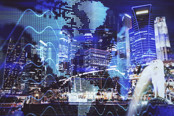 Financial chart on city scape with tall buildings background multi exposure. Analysis concept.