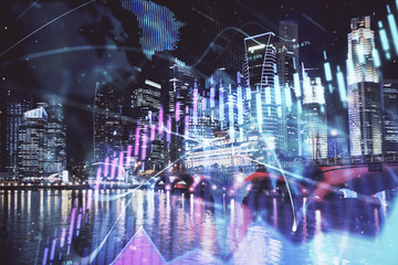 Financial chart on city scape with tall buildings background multi exposure. Analysis concept.