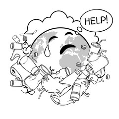 The problem of pollution of the planet. Space debris. The garbage, plastic, bags on the planet. The concept of ecology and the World Cleanup Day. Vector illustration