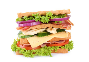 Tasty sandwich with chicken, ham and bacon isolated on white