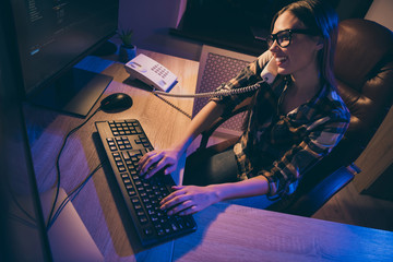 High above top view photo of cheerful positive cute nice smiling woman working as smm manager promoting corporate social media