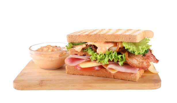 Tasty sandwich with ham and bacon isolated on white
