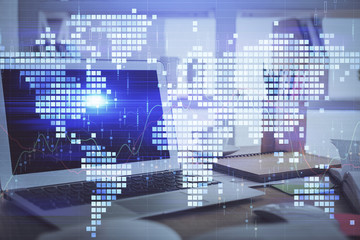 Obraz premium Multi exposure of business theme icons and table with computer background. Concept of success.