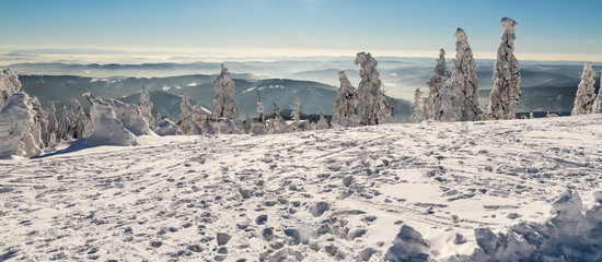 view from Lysa hora hill in winter Moravskoslezske Beskydy mountains in Czech republic