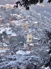 Aerial view of Hills queen after fresh snowfall in Shimla 