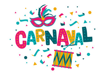 Carnival card or banner with typography design, confetti and hanging flag garlands.