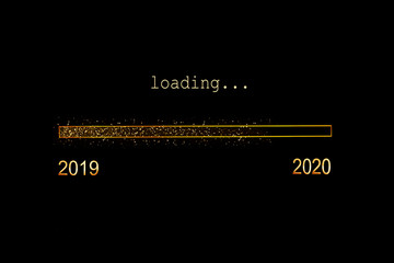 2020 loading, gold glitter progress bar on black background, new year holiday greeting card
