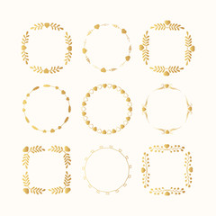 Set of hand drawn golden heart floral frames for valentines day cards. Vector isolated gold romantic borders for wedding background.