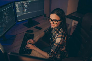 Top above high angle view photo of cheerful cute woman finishing debugging software supporting to...