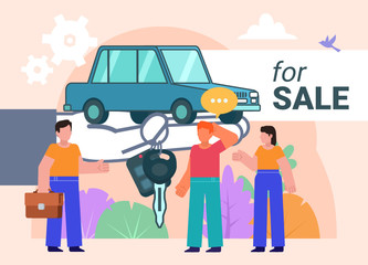 Car dealer, buy or sell car concept. People stand near car on big hand. Poster for social media, web page, banner, presentation. Flat design vector illustration