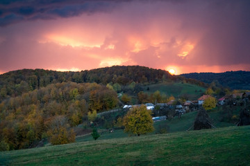 Cloudy sunset in rural area