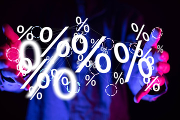 hand touches virtual percent icon