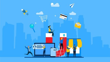 Customer strategy, customer support and service with Tiny People Character Concept Vector Illustration, Suitable For web landing page,Wallpaper, Background, Card, banner,Book Illustration