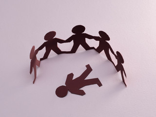 Group mockery or racism in school, work, social network. Worl issue. Human terror conflict concept. Paper peaple design