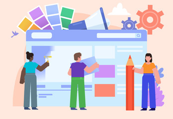 Web studio, web design agency, team. Group of people stand near big web page. Poster for social media, banner, web page, presentation. Flat design vector illustration