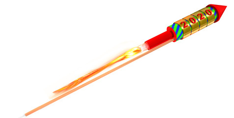 3d Silvesterrakete mit Aufschrift 2020 startet in den Himmel