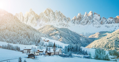 Winter panorama of Funes village in Dolomites. - obrazy, fototapety, plakaty