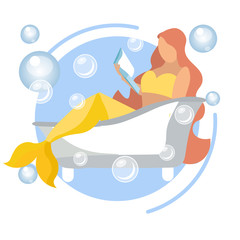 A mermaid woman is reading a book in the bathroom. In minimalist style. Flat isometric raster