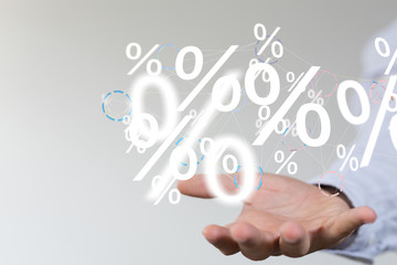 hand touches virtual percent icon