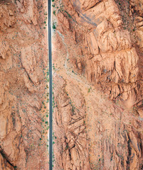 aerial vertical view of a beautiful road in the valley of fire state park, nevada, usa. drone shot.