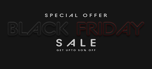 Black Friday Sale. Horizontal banner with golden shiny text. Design template. Copy space. 3D illustration.