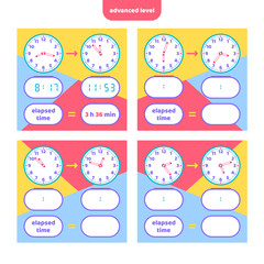 Elapsed time and Telling time worksheet for kids. Understanding analog and digital clocks. Educational Game Set. Math game.