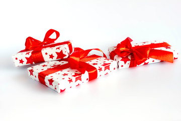 Christmas gift boxes on white isolated background.