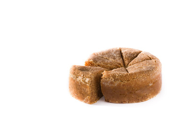 Traditional Christmas marzipan slice isolated on white background. Copy space