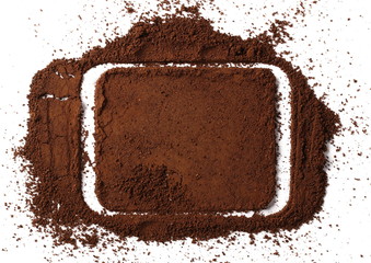 Instant powdered coffee for espresso frame isolated on white background, top view