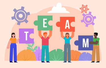 Group of people hold puzzle items with team word. Teamwork or partnership concept. Poster for social media, web page, banner, presentation. Flat design vector illustration