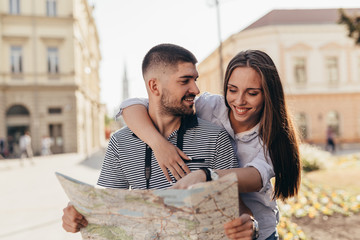 romantic couple tourists exploring new city
