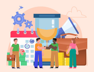 Time management, office work planning. People stand near big sand watches, various business elements. Poster for social media, web page, banner, presentation. Flat design vector illustration