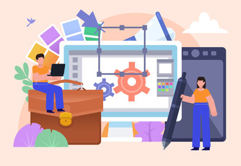 Design portfolio concept, web or graphic design studio. Man and woman stand near big screen, tablet. Poster for social media, web page, banner, presentation. Flat design vector illustration