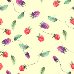 Vintage seamless watercolor pattern. Berry set - raspberries, blackberries, green leaves, branches. Hand drawn watercolor painting raspberry. Botanical illustration. 