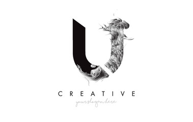 Letter U Logo Design Icon with Artistic Grunge Texture In Black and White