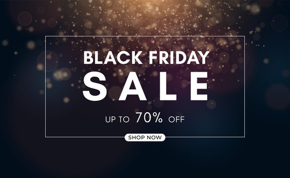 Black Friday sale design. Dark background and gold confetti. Vector illustration.