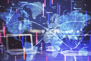 Multi exposure of business theme icons and table with computer background. Concept of success.