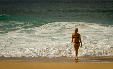 Girl in a bikini walking to the ocean