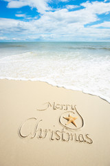 Merry Christmas message in handwritten calligraphic script in sand decorated with a natural starfish under sunny blue sky