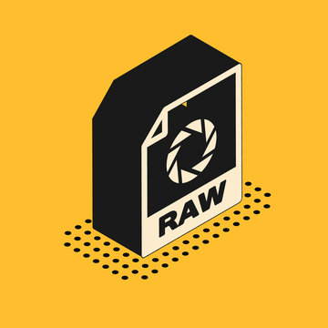 Isometric RAW file document. Download raw button icon isolated on yellow background. RAW file symbol. Vector Illustration