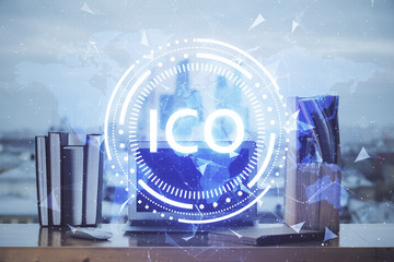Multi exposure of blockchain theme hologram and table with computer background. Concept of bitcoin...