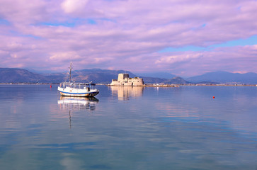 Fototapeta na wymiar landscape of Nafplio harbor Argolis Greece - Bourtzi castle view inside the sea