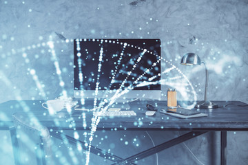 Desktop computer background and DNA drawing. Double exposure. Science concept.