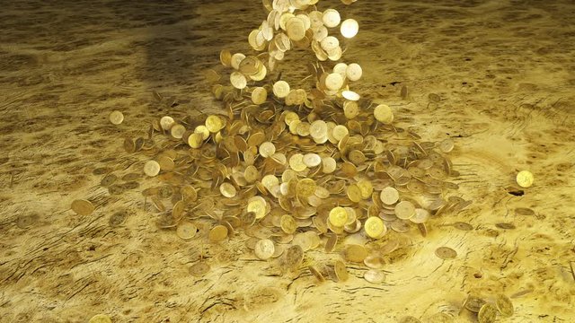 Pirate doubloons fall from above in one heap. Pirate riches and treasures.