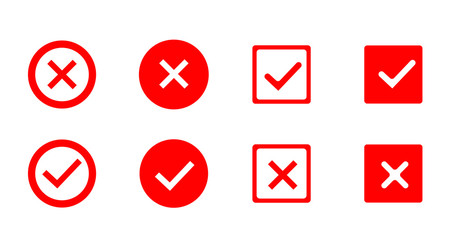 Check and wrong icons set of check marks. Green tick, red cross, black tick and cross. Vector icons.