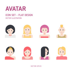 Set of Beautiful Woman Vector Flat Design Icons. Avatar Character Flat Icon set. 
