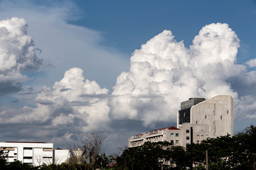 The clouds gather and the blue sky during the rainy season in Thailand.